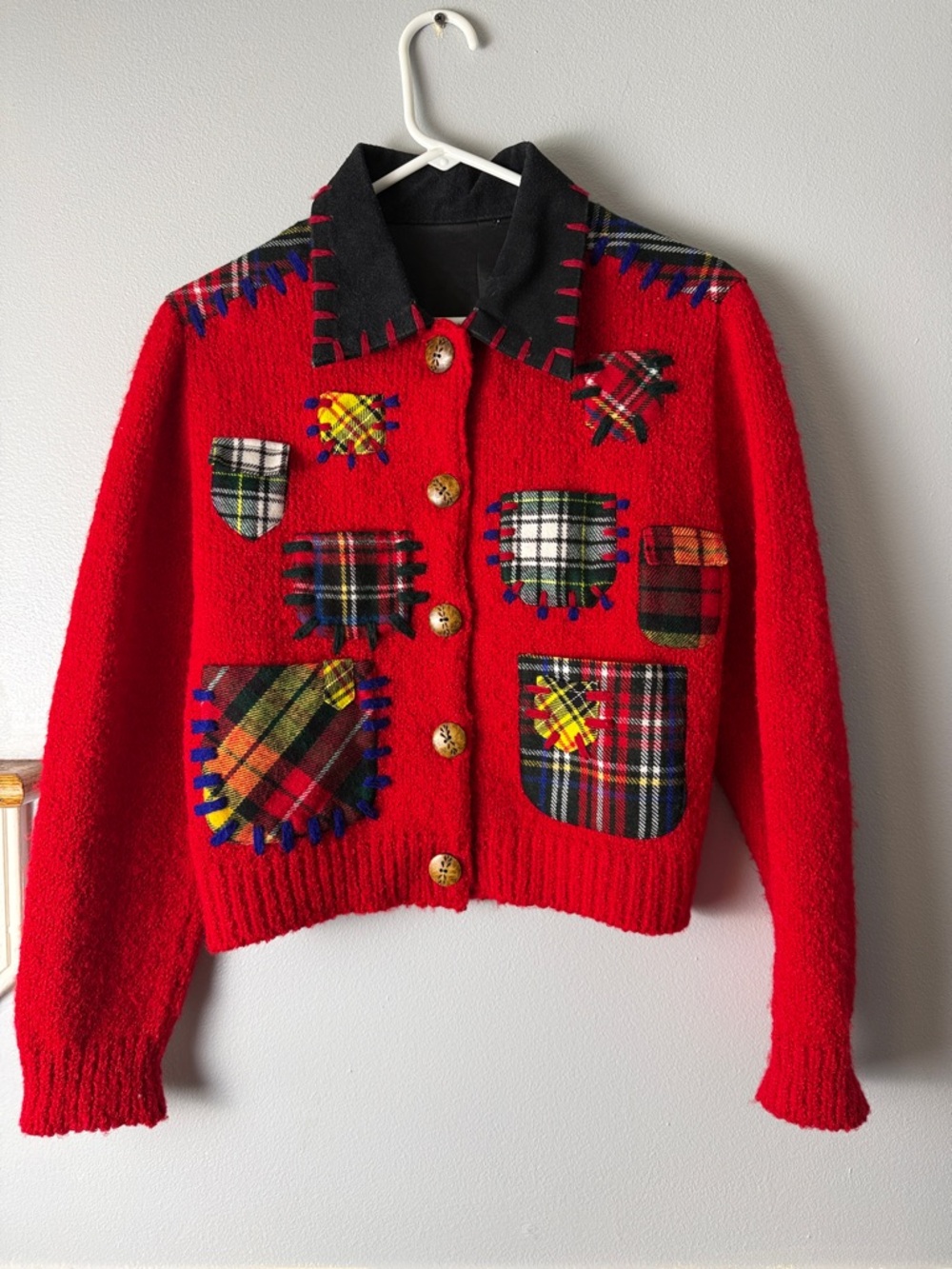 Red Patchwork Plaid Button-Up Cardigan Sweater